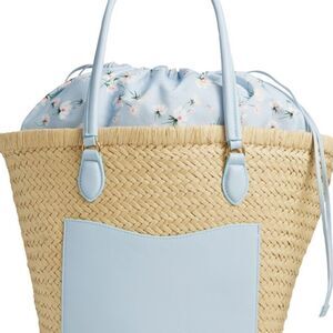 Elegant Blue and Tan Tote with Rattan Texture